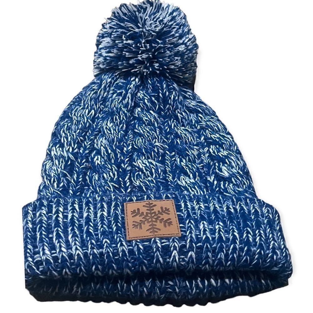 GERTEX BLUE & WHITE KNIT BEANIE MARLED TWEED POM POM WINTER HAT ONE SIZE